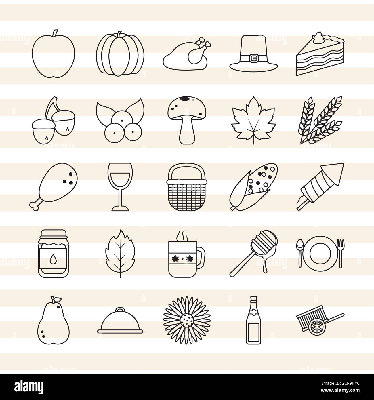 icon set of thanksgiving and pilgrim hat over white background, line ...