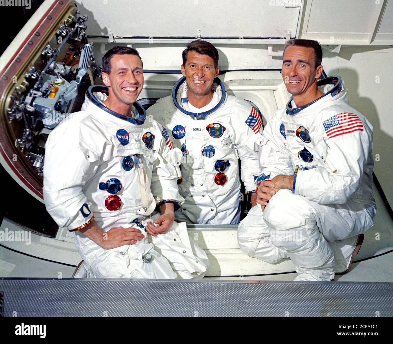 Prime crew of the first manned Apollo space mission, Apollo 7 (Spacecraft 101Saturn 205), L to R are Donn F. Eisele, Walter M. Schirra Jr. and Walter Cunningh Stock Photo