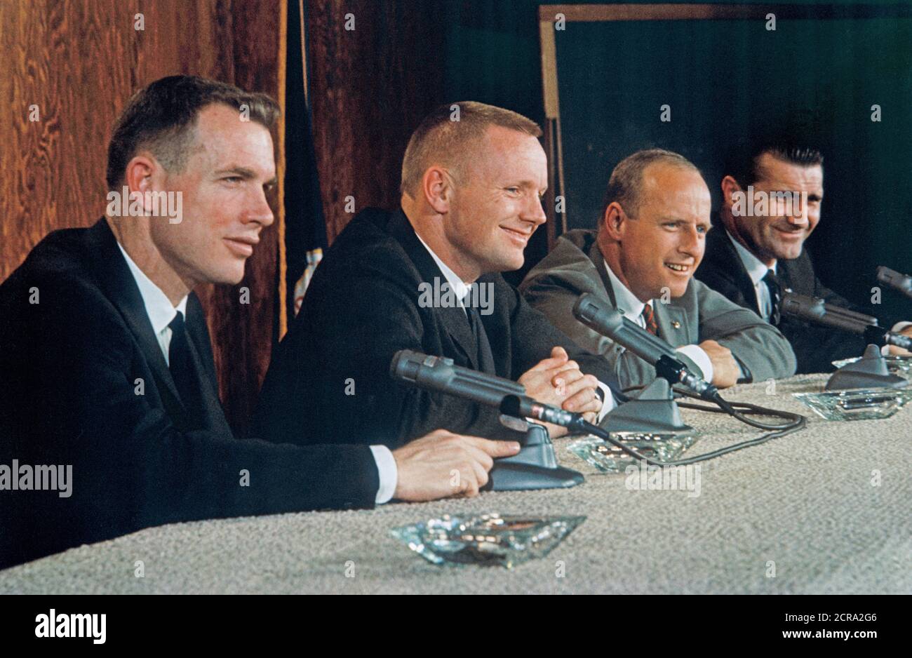 Gemini-8 prime and backup crews during press conference. L to R are astronauts David R. Scott, Neil A. Armstrong,  Charles Conrad Jr.,  and Richard F. Gordon Jr. Stock Photo