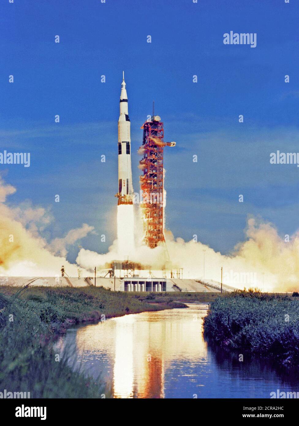 The 363-foot tall Apollo 15 Saturn V is launched from Pad A, Launch Complex 39, Kennedy Space Center, Florida, at 9:34:00.79 a.m., July 26, 1971, on a lunar landing mission. Stock Photo