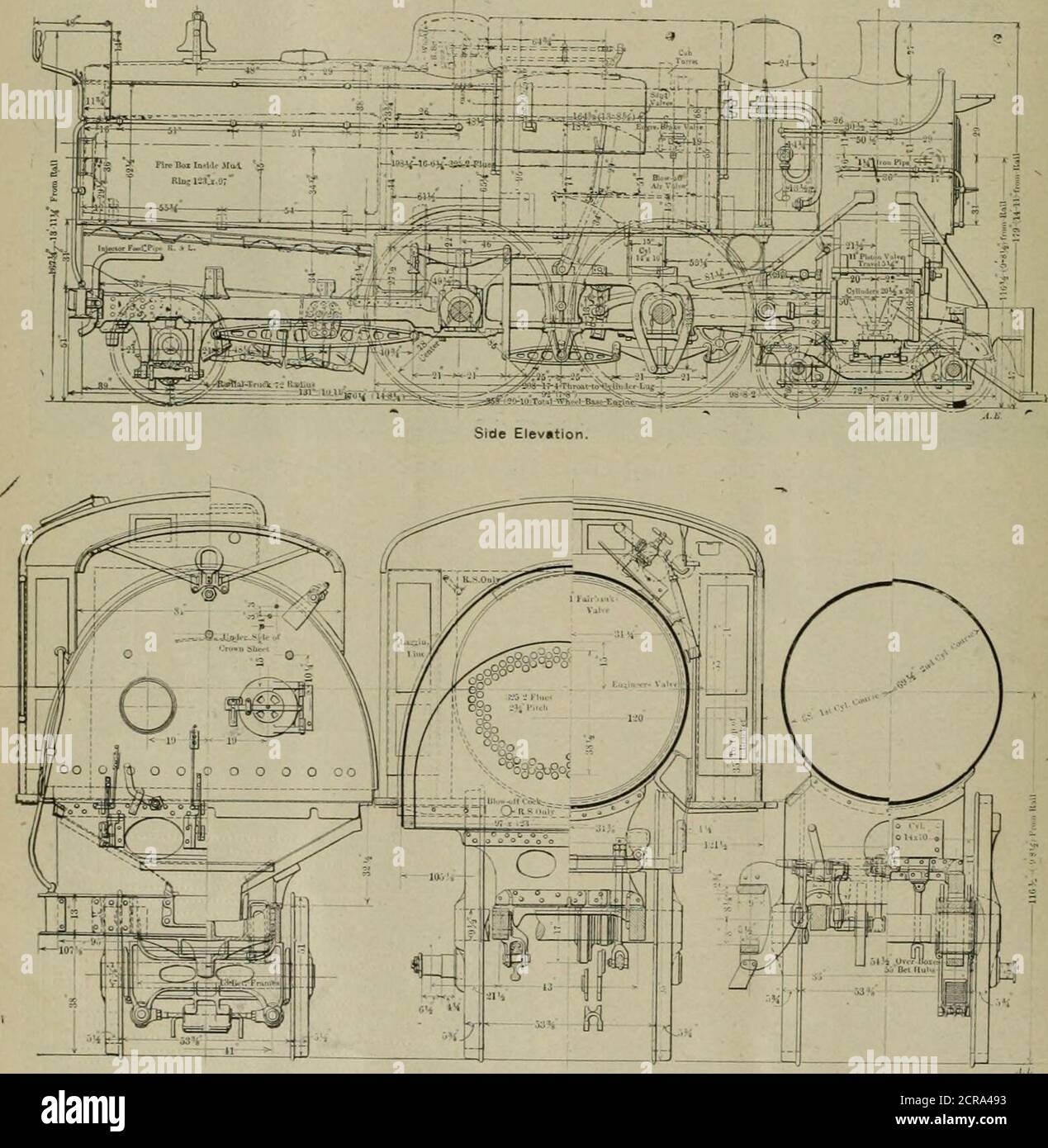 . American engineer and railroad journal . arrel front 68 Ins. Boiler, diameter of barrel at throat ■•-pi &gt;s. Seams kind of horizontal So*!p c Seams, kind of circumferential ....Triple crown sheer stayed with Radial Dome, diami Firebox, type v;, , Firebox, length 16 AMERICAN ENGINEER AND RAILROAD JOURNAL. Firebox, width 97 ins. Firebox, depth, front 5&lt;i Uis. Firebox, depth, back 4s Ins, Firebox, material Steel Firebox, thickness of sheets..Crown, % In.; tube, % In sldi Firebox, brick arch . None Firebox, mud ring width . M4 ins. back, ■ ■■■■ Ins Bides. 4 Ins. frontFirebox, water space at Stock Photo