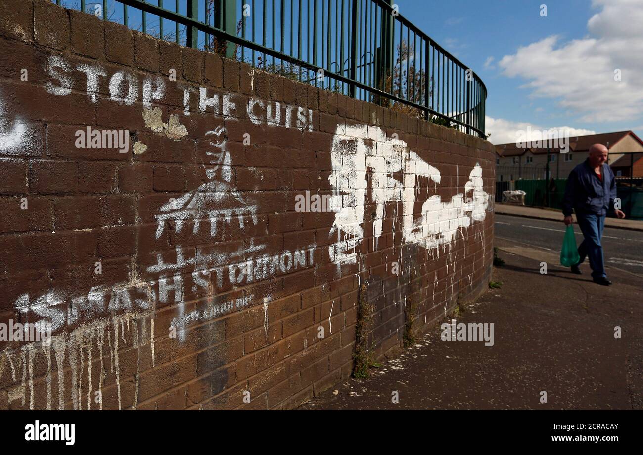 Anti-government graffiti is sprayed on a wall in the nationalist Lenadoon area of west Belfast, Northern Ireland, September 16, 2015. REUTERS/Cathal McNaughton Stock Photo