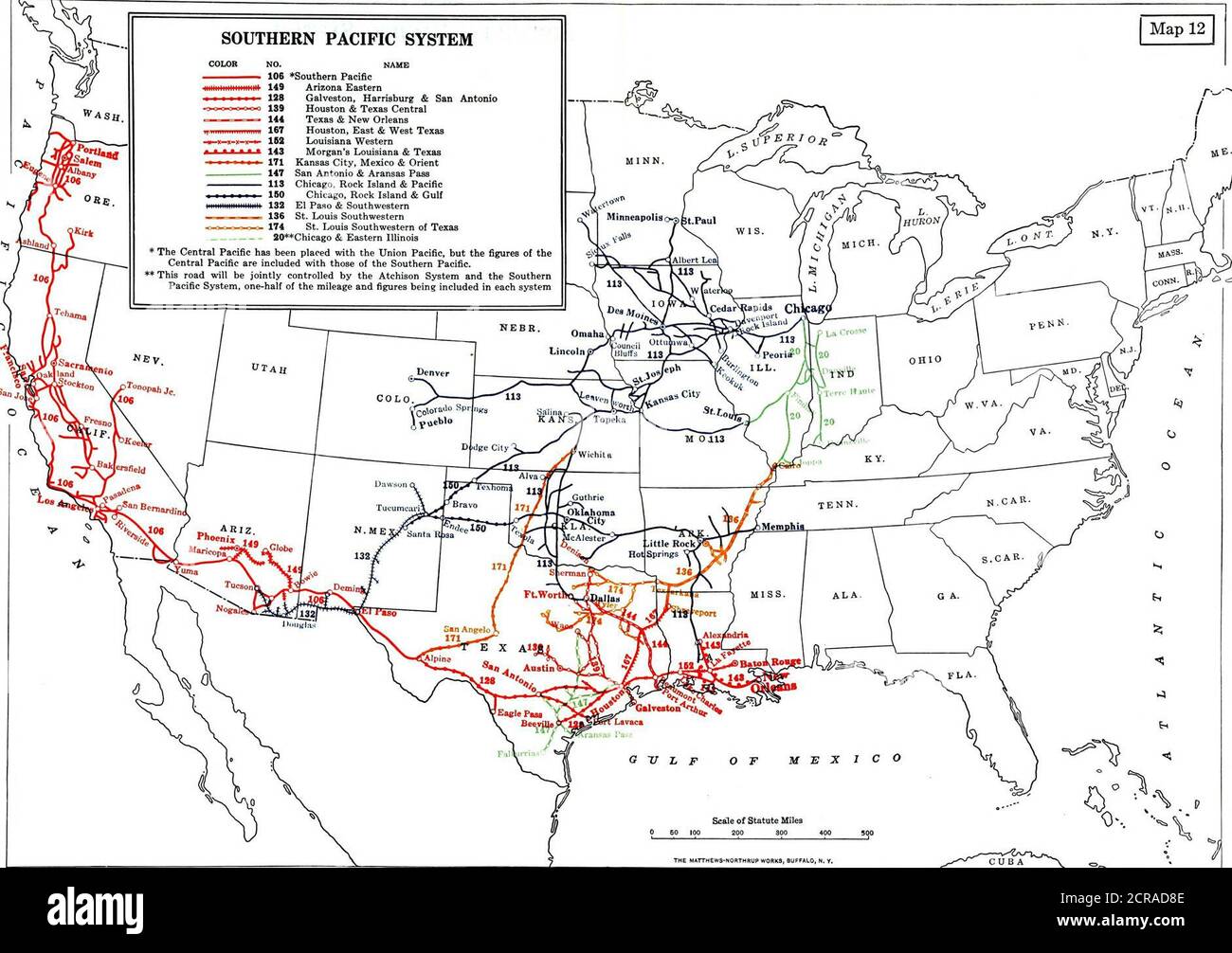 . A plan for railroad consolidations, including a discussion of their purpose and practicability . NO. NAME 107 Atchison. Topeka & Santa Fe 145 Northwestern Pacific 141 Panhandle & Santa Fe jiltiuiinitiiiiiiii 1-2® Gulf, Colorado & Santa Fe 20 ^Chicago & Eastern Illinois ,1,.,,^,,. , 123 Texas & Pacific 123a New Orleans, Texas & Mexico „ Hr.ifiim; 1236 St. Louis, Brownsville & Mexico ,^ ^^  ^^.^^,^^ 134 International & Great Northern   ^,^^^  ^ 119 Missouri Pacific 117 St. Louis, Iron Mountain & Southern ■ ♦♦MM* * This road will be jointly controlled by the Atchison System and the Southern Pac Stock Photo