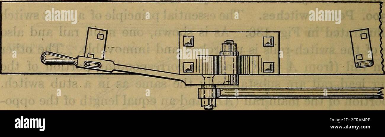 . Railroad construction, theory and practice; a text-book for the use of students in colleges and technical schools, and a hand-book for the use of engineers in field and office . Fig. 137. 301. Switch-stands. The simplest and cheapest form is the ground lever, which has no target. The radius of the circledescribed by the connecting-rod pin is precisely one-half thethrow. From the nature of the motion the device is practically 340 EAILROAD CONSTRUCTION. §301. self-locking ift either position, padlocks being only used to pre-vent malicious tampering.. Fig. 138.—Ground Lever for Throwing a Switc Stock Photo