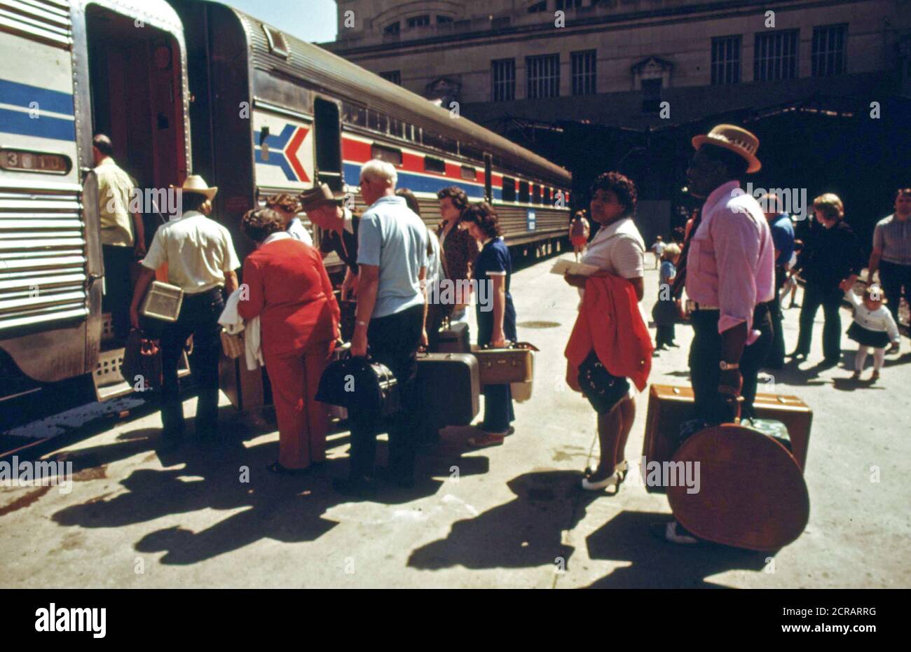 Amtrak train at Union Station in Kansas City, Missouri, being boarded