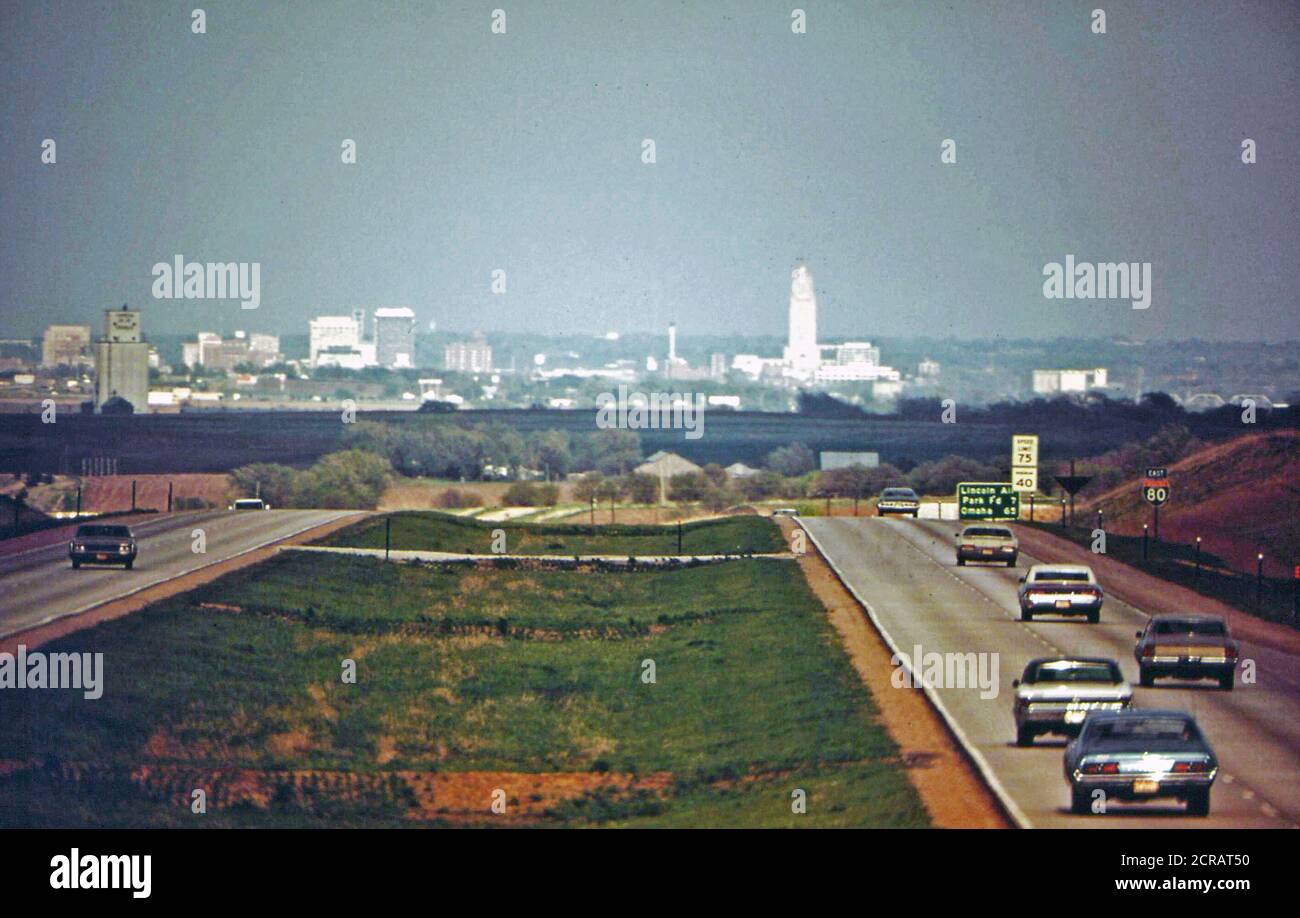 Approaching Lincoln from the west on Interstate 80, May 1973 Stock