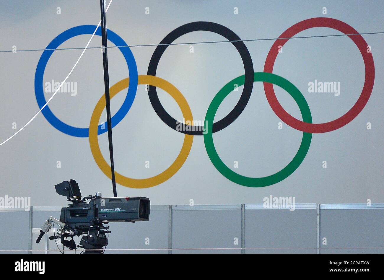A broadcast camera is seen at the Aquatics Centre at the Olympic Park in Stratford, the location of the London 2012 Olympic Games, in east London July 20, 2012. REUTERS/Toby Melville  (BRITAIN - Tags: SPORT OLYMPICS MEDIA) Stock Photo