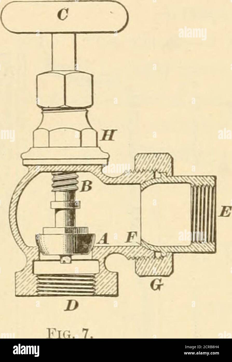. A textbook on the locomotive and the air brake . 20 CAR HEATING. §13 STOP-VALVE. 27. In Fig. 7 is illustrated the stop-valve used in con-nection Avith the Gold system oftrain heating. It is an ordinaryhard-seat valve, and needs but littledescription. The valve A, which isground on to its seat, is carried bythe valve stem B, which is operatedby the wheel handle C. The pipethat brings the steam supply fromthe boiler connects at D, while thepipe that leads to the regulator con-nects at E, being tightened up on toits seat F (which is a ground joint)by the union G. By means of this valve, the eng Stock Photo