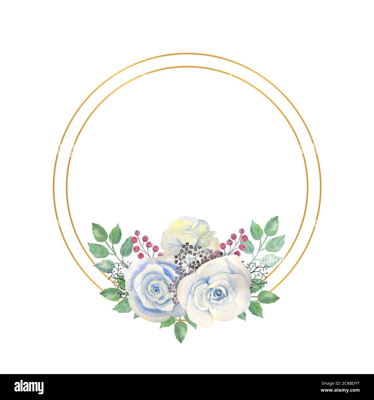 Blue rose flowers, green leaves, berries in a gold round frame. Wedding ...
