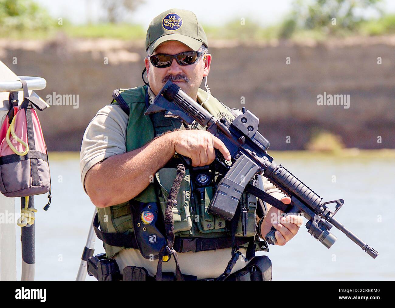 Border Patrol Agent patrol on Safe-Boat in South Texas McAllen, Rio Grande Valley river on September 24, 2013. Stock Photo