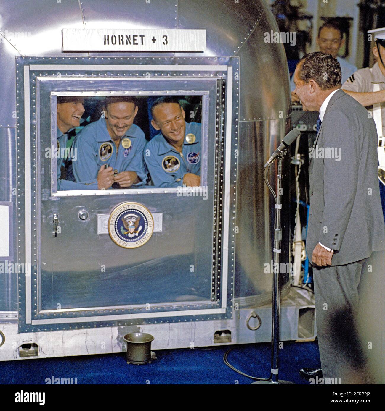 (July 24, 1969) President Richard M. Nixon was in the central Pacific recovery area to welcome the Apollo 11 astronauts aboard the U.S.S. Hornet Stock Photo