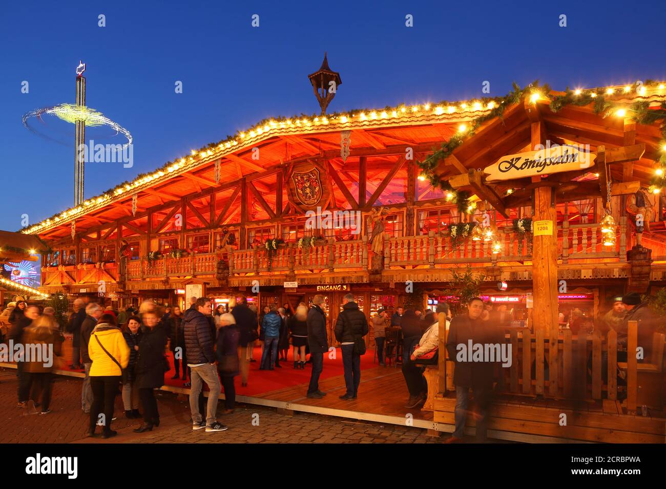 Bayernzelt Koenigsalm on the Bremer Freimarkt at dusk, Bremen, Germany, Europe Stock Photo