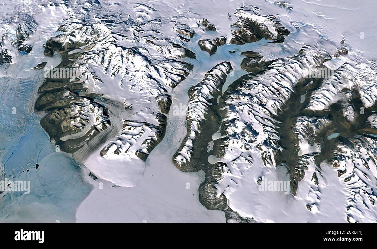 LIMA is comprised of Landsat images acquired between December 25, 1999, and December 31, 2001. This image shows a small portion of the mosaic around Ferrar Glacier, in the Dry Valleys near McMurdo Station. Stock Photo