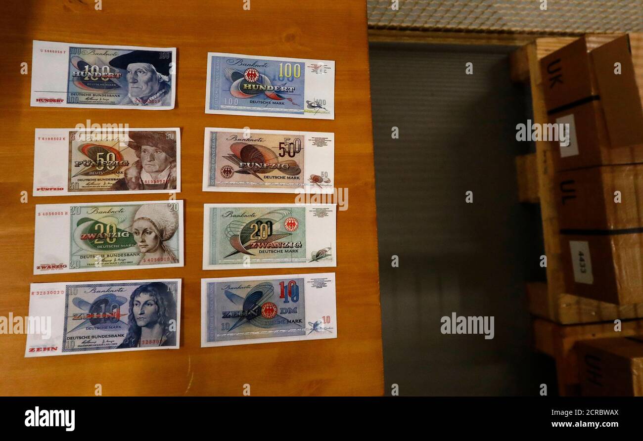 West German emergency issue bank notes are pictured inside a Federal reserve  bank (Bundesbank) bunker prior to the bunker's official opening to the  public in Cochem, Germany, March 18, 2016. West Germany's