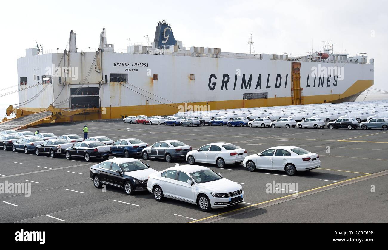Volkswagen export cars are seen in the port of Emden, beside the VW plant, Germany March 9, 2018.  REUTERS/Fabian Bimmer Stock Photo