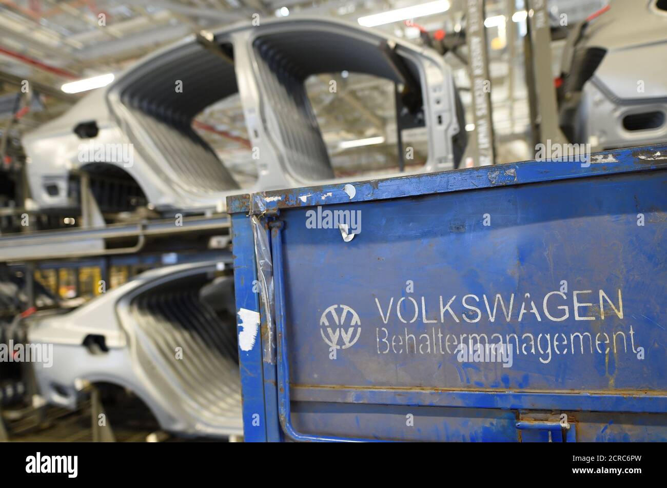 Bodies of Volkswagen cars are seen at the the VW plant in Emden, Germany March 9, 2018.  REUTERS/Fabian Bimmer Stock Photo