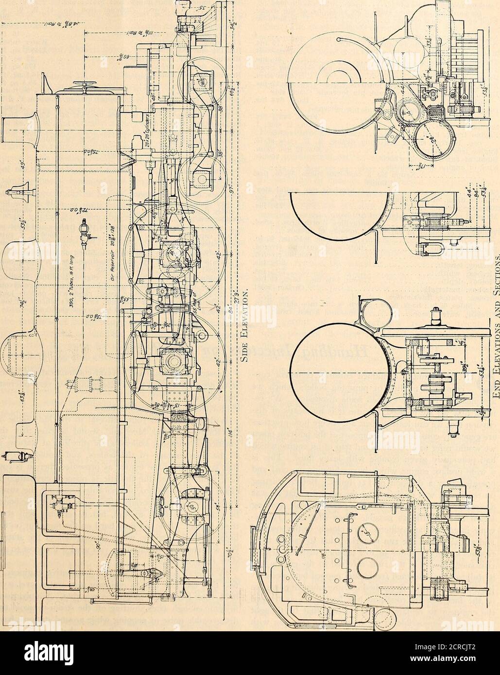 . Railway master mechanic [microform] . June, 1904. RAILWAY MASTER MECHANIC 201. 202 RAILWAY MASTER MECHANIC June, 1904. Greatest travel of slide valves 6 ins. Outside lap of slide valves 1 in. Inside clearance of slide valves. / H. P. % in., L. P. % in. Lead of valves in full gear &lt; % in. lead forward motion when cutting off at 11 ins. of the stroke. Kind of valve stem packing U. S. metallic. Wheels, Etc. No. of driving wheels 4 Diam. of driving wheels outside of tire 79 ins. Material of driving wheel, centers ...... .Cast steel. Thickness of tire 3% ins. Tire held by Shrinkage and retaini Stock Photo
