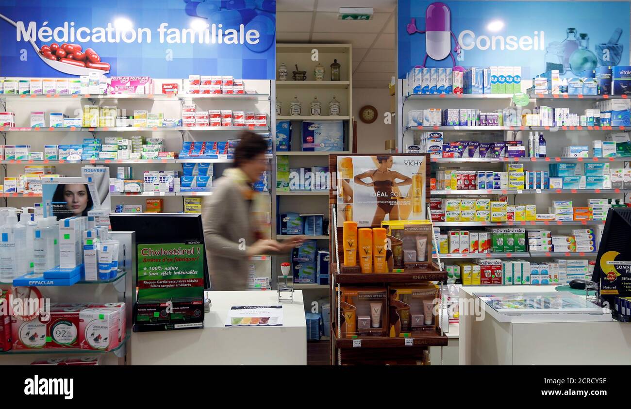 A view shows drugs on shelves inside a pharmacy in Bordeaux, France, September 15, 2015.  REUTERS/Regis Duvignau Stock Photo