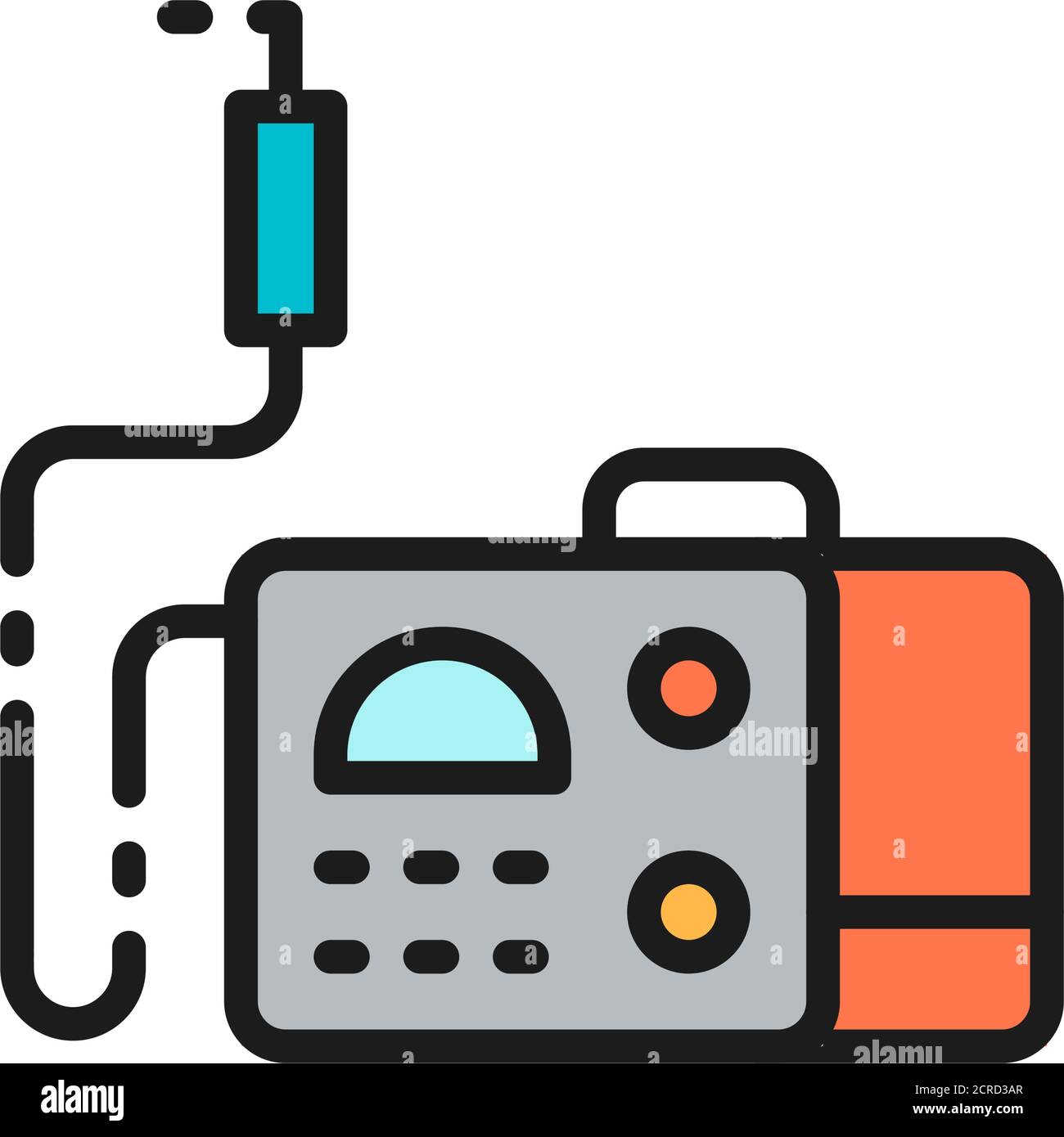 Welding machine with spark torch, welder tool flat color line icon. Stock Vector