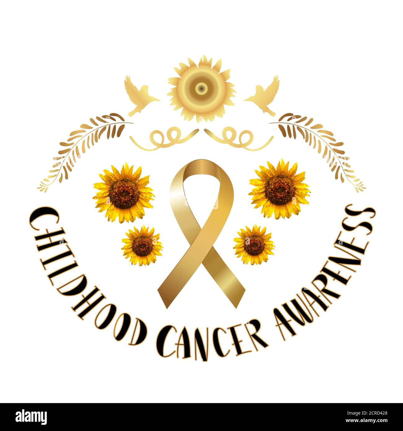 Childhood cancer awareness month, golden ribbon, sunflower, bird with lettering on white background. Stock Vector