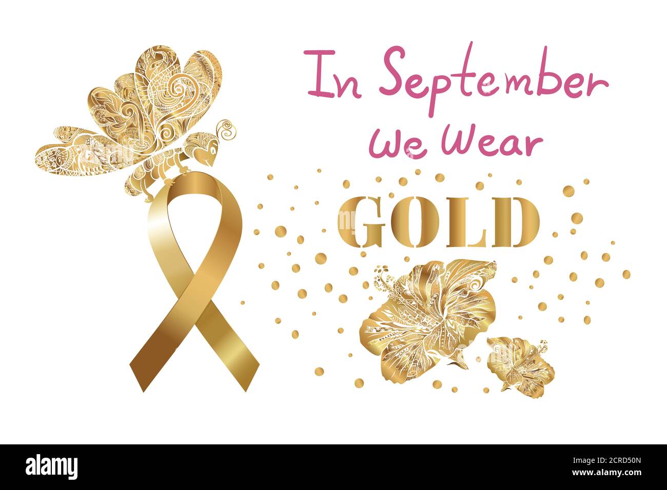 Childhood cancer awareness month, butterfly hold golden ribbon, flower with pink lettering, In September We Wear Gold, on white background. Stock Vector
