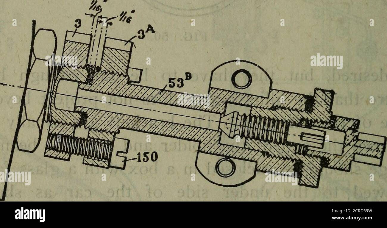 . Operation of trains and station work and telegraphy . OLD FORM.. PRESENT FORM.FIG. 51. The filling valve and cover (65) (89) are attachedby removing the cover (89) from the valve (65) andbolting valve to the bracket. This is done by openingport covers P and T, unscrewing and removing packing-nut R (but set screw B should not be unscrewed norshould valve stem nut M be loosened), screws (148) are HEATING AND LIGHTING CARS 139 taken out and No. 89 is held to the back flange of theNo. 65 valve and the threaded end of the valve is rappedon a block of wood. Stock Photo