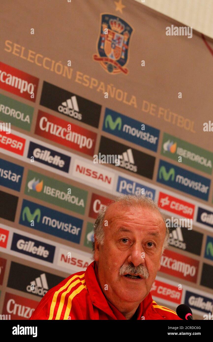 Spanish men's national team soccer coach Vicente del Bosque speaks during a news conference in New York June 10, 2013. World champions Spain will play a friendly match against Ireland in New York.  REUTERS/Brendan McDermid (UNITED STATES - Tags: SPORT SOCCER) Stock Photo