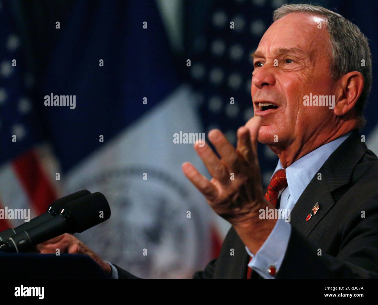New York City Mayor Michael Bloomberg gestures while speaking to the media about a judge's ruling on 'stop and frisk' at City Hall in New York August 12, 2013. Bloomberg said he would appeal a federal judge's ruling on Monday that the police department's 'stop and frisk' crime-fighting tactics violate constitutional rights, arguing that the practice drove down the city's crime rate. REUTERS/Brendan McDermid (UNITED STATES  - Tags: POLITICS CRIME LAW) Stock Photo