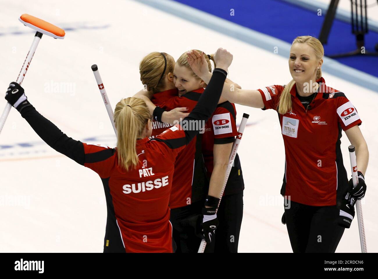 Switzerland Players Alina Paetz Nadine Lehmann Marisa Winkelhausen And Nicole Schwaegli L R Celebrate After Beating Canada In Their Curling Play Off Session 1 Vs 2 Game At The World Women S Curling Championships In