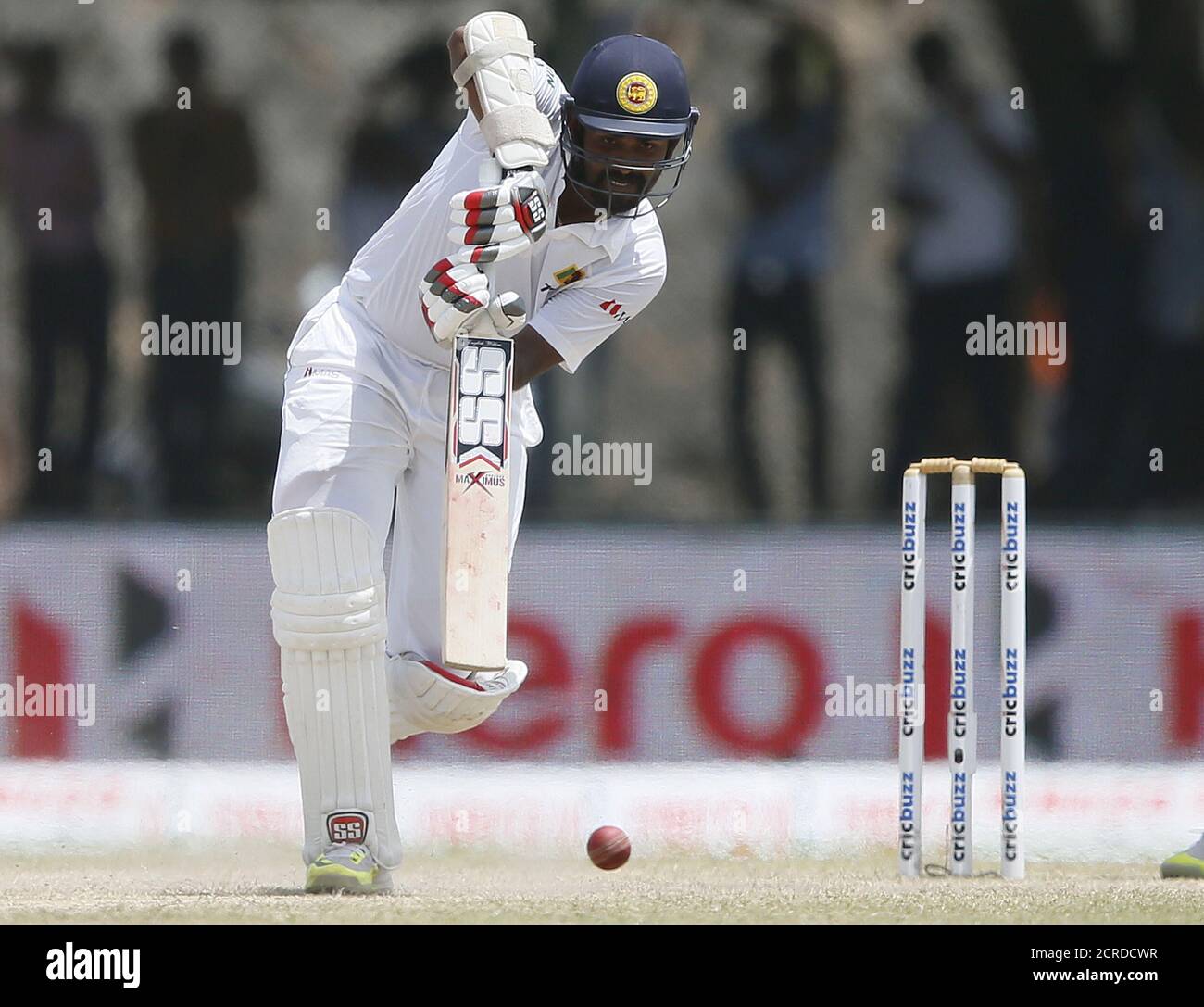 Sri Lanka's Lahiru Thirimanne plays a shot during the third day of their first test cricket match against India in Galle August 14, 2015. REUTERS/Dinuka Liyanawatte Stock Photo