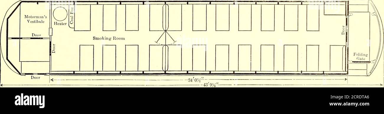 . The Street railway journal . PLAN OF DETROIT, LAKESHORE & MT. CLEMENS CAR hot-water heater, besides the regular motor controller andappliances. The heaters employed are generally of the hot-watertype, Baker heaters being the most generally used. Theseheaters are of the Mighty Midget type, in which the The ribbed construction of the housing is for providinggreater cooling surface for the compressor. The courseof the air is from inlet A to the suction chamber, thencethrough a valve suitably arranged at B for allowing theair to pass into the pump and out at either of the reser- heater is carrie Stock Photo