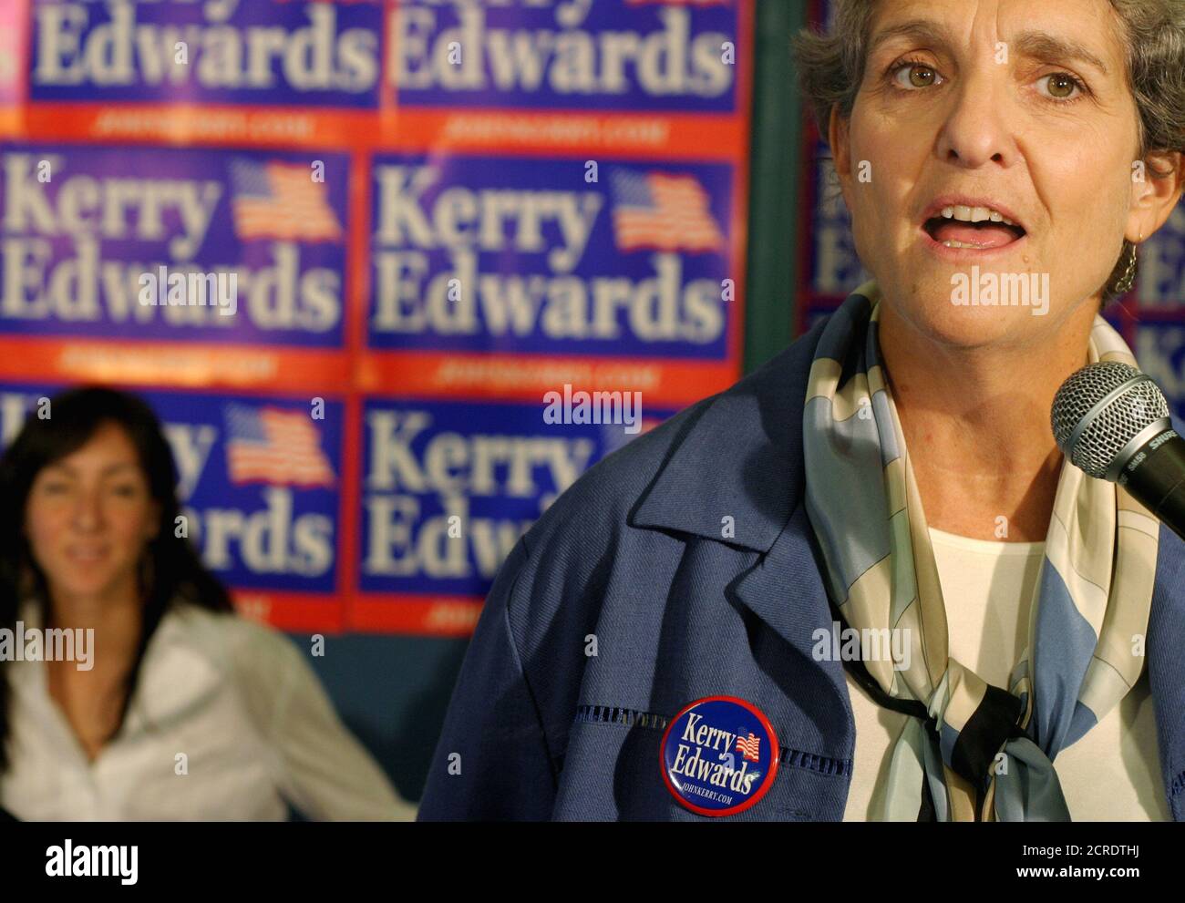 Diana Kerry, sister of U.S. presidential candidate John Kerry and chair of the grassroots organization Americans Overseas for Kerry-Edwards (AOK), answers media questions during a publicity event at an internet cafe in Madrid September 10, 2004. Kerry is on an international tour to encourage U.S. citizens living abroad to vote and to introduce them to a new internet-based voter registration application. REUTERS/Susana Vera  SV/ACM Stock Photo