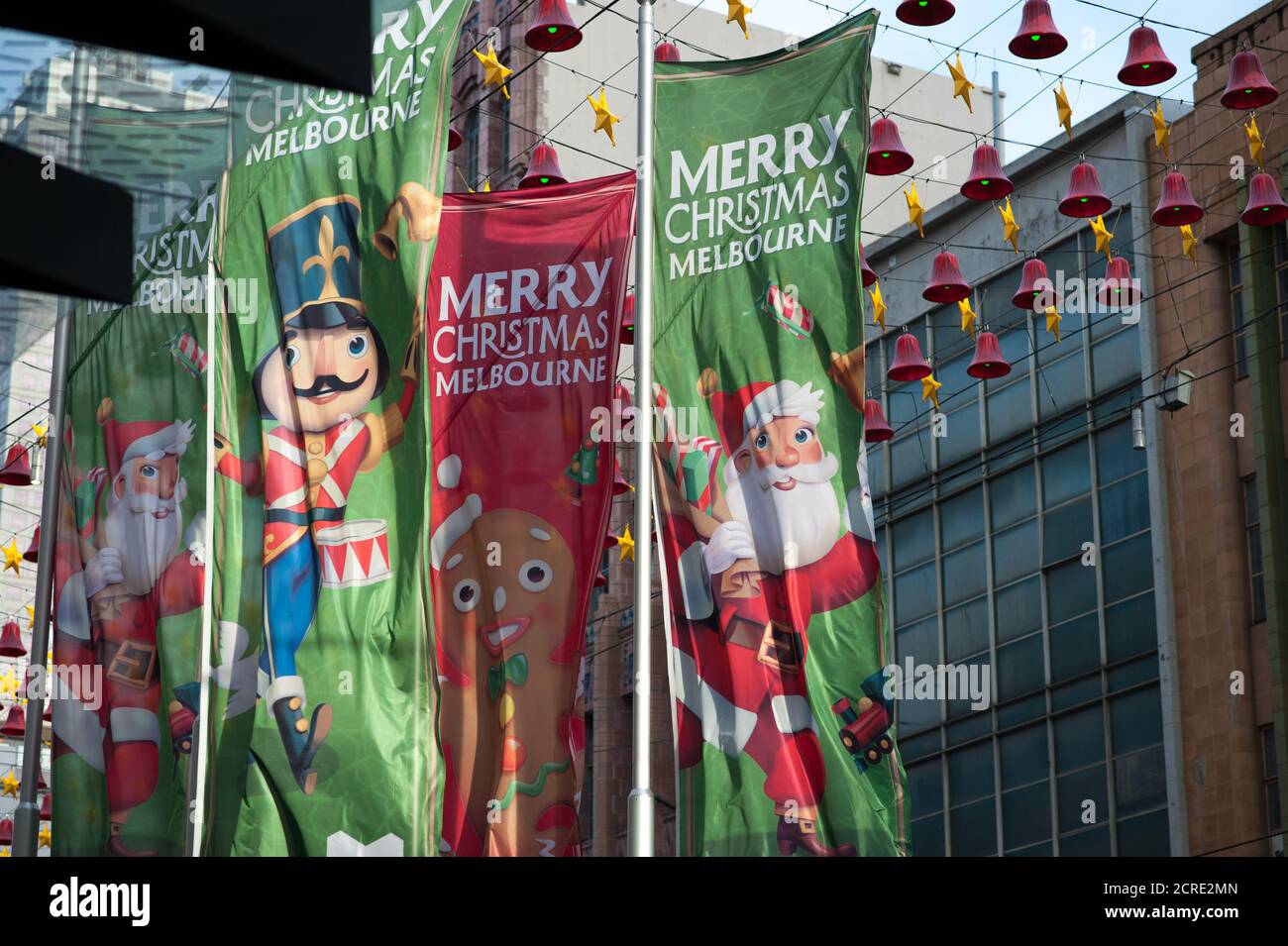 merry Christmas Melbourne Australia shopping street decorations Stock