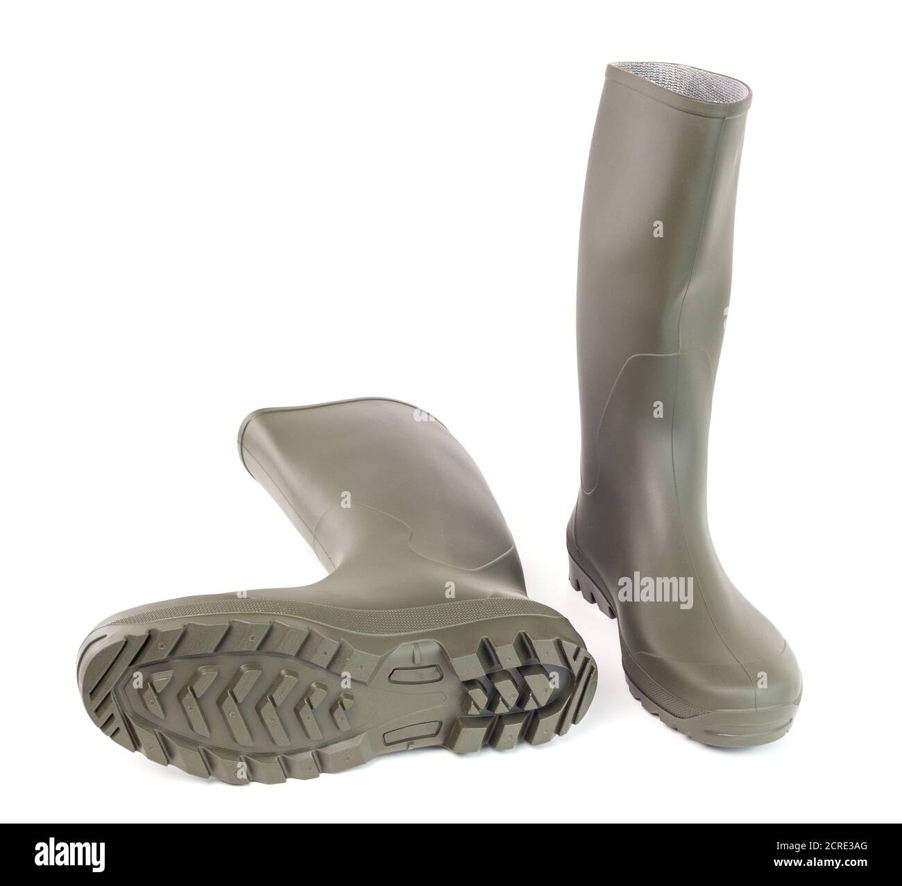 A pair of clean green rubber boots isolated on white background. Front