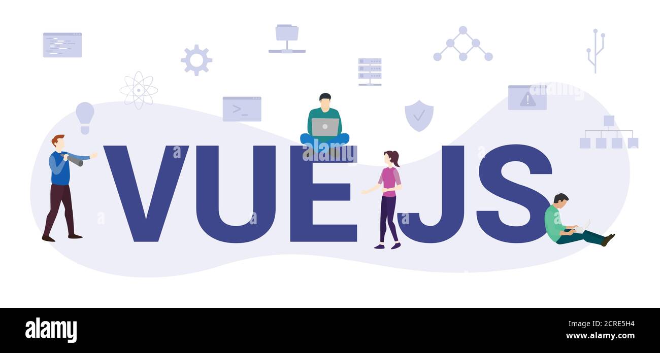 vue js concept with modern big text or word and people with icon related modern flat style Stock Vector