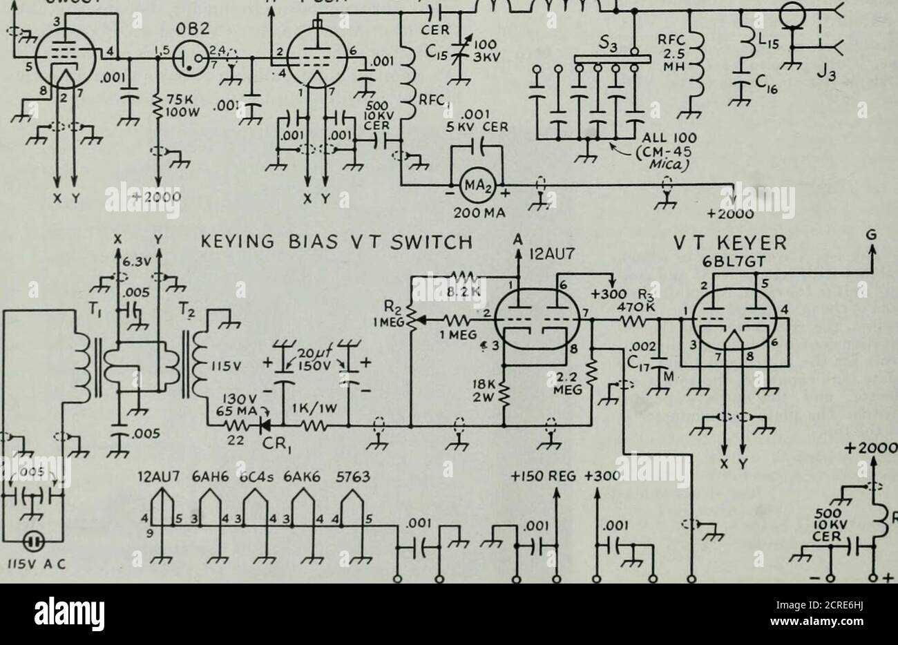 . QST . +300 CLAMPER 6W6GT FINAL AMP L L ^Izlf^^ H 4-65A 500/10 KV p^ /vW^ I. MSV AC 12 ^77 rf-r -] uui I—I I 1.001 .001 RFC, - +150 +300REG 2000V QST for Pi i  Circuit of the modern medium-powertransmitter. All capacitances less than 0.001 Mf. are m^^f All 0.001- and 0.005-Mf. capacitors are disk ceramic. M = Mica SM = Silver mica CER = CeramicCi — Midget variable. .. • C2, C3, Ce, Cv, C8, C9, Cio, C„, C,2, Ci3 - Air trimmer.Ci4 — Midget dual variable. f „ ^. C* Voltage rating equal to plate voltage for c w.,t^v-ice plate voltage for plate modulations (seeFootnote 6). (- „ — 100-u«f. mica (CM Stock Photo