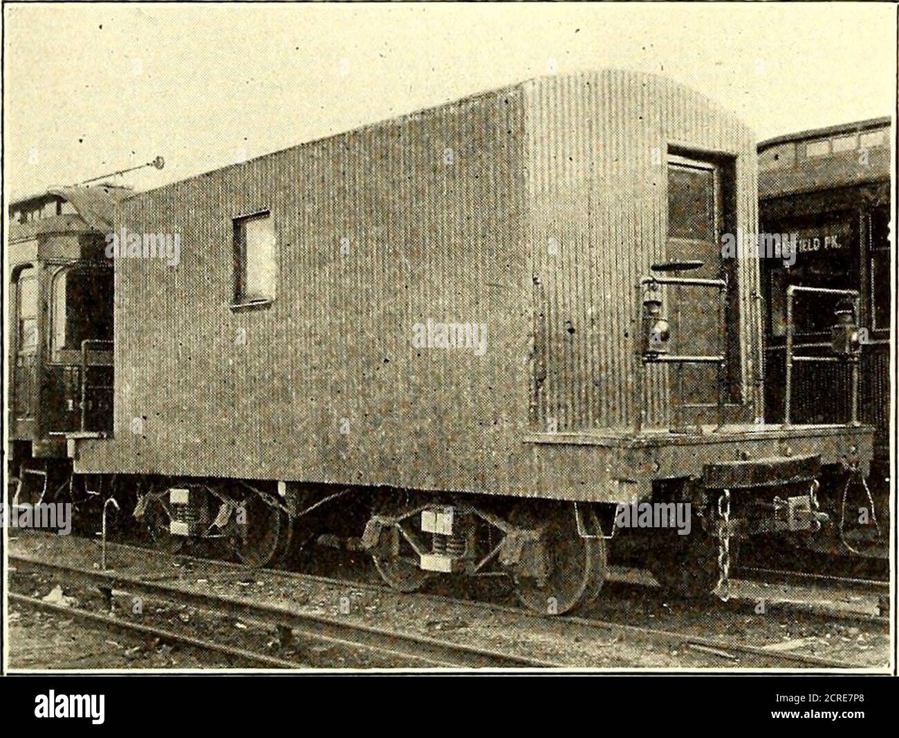 . Electric railway journal . tside of J^-in. poplar sheathing. The body islined with l/2-m. poplar, and a double floor of %-. pineinterlaid with building paper is provided, which makes thecar sufficiently weatherproof to prevent the solutions fromfreezing at low temperatures when the electric heaters arein service. Wire glass was included in the two doors andwindows to reduce breakage which might be expected inthe rush during a fire. Since the car is operated as a trailerit requires no other electrical equipment than the light-ing and heating circuits, and these are supplied with electri-cal e Stock Photo