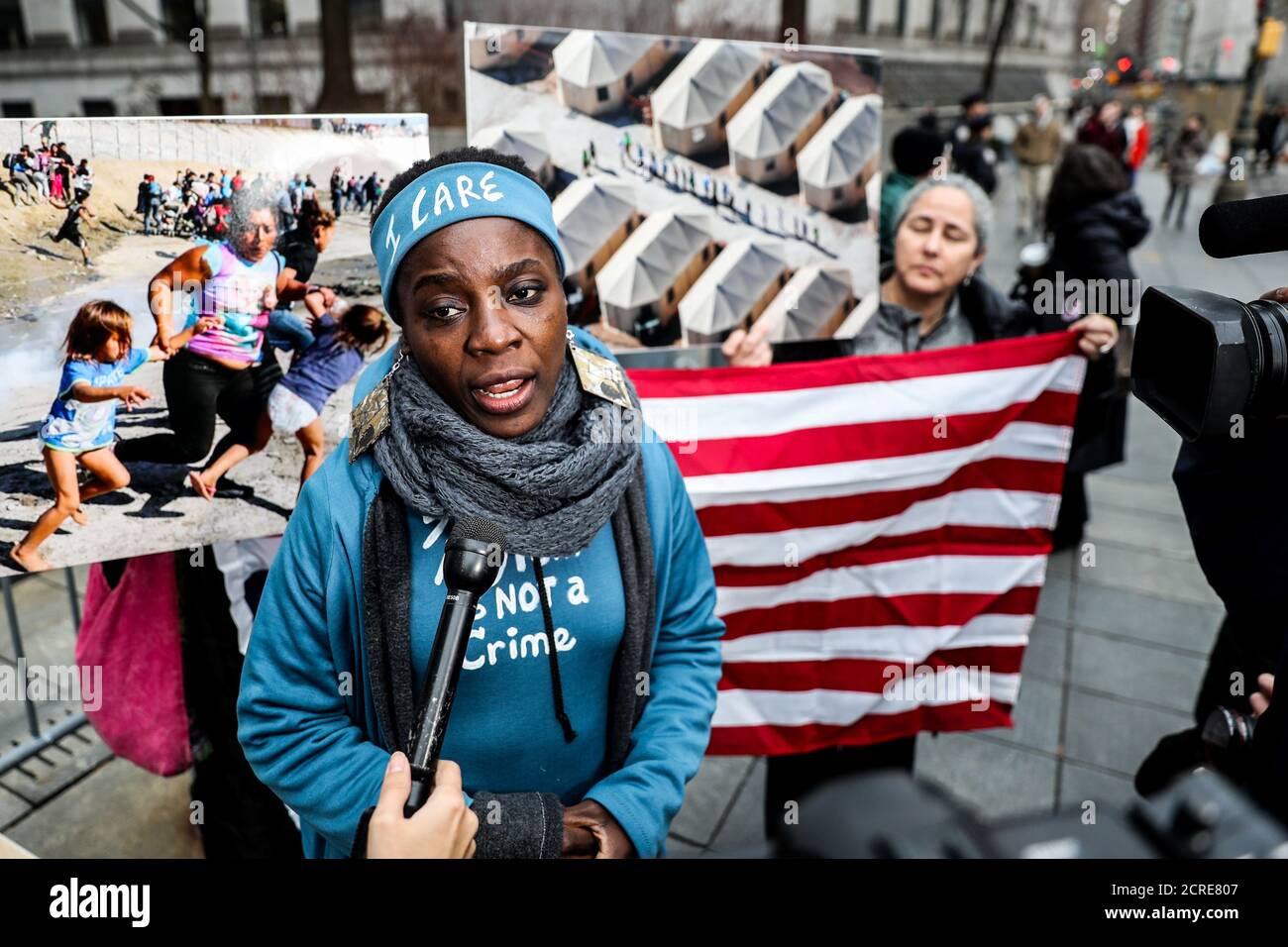 Therese Okoumou, Statue of Liberty climber, talks to media at the United States Courthouse in the Manhattan borough of New York City, New York, U.S., December 17, 2018. REUTERS/Jeenah Moon Stock Photo
