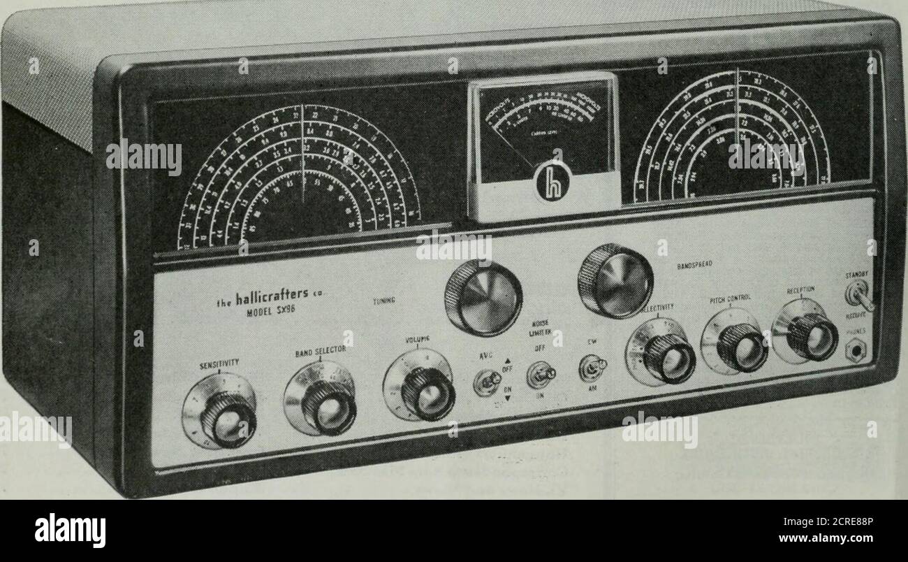 . QST . spread dial is calibratedfor the 80, 40, 20, 15, and 11-10 meteramateur bands. Selectivity: Five steps of bandwidth calibrationat 6 db points; 5 kc, 3 kc, 2 kc, 1 kc,and .5 kc. Antenna Input Impedance: Balanced/unbalanced. Headphone Output Impedance: Nominal 500 ohms. Audio Output Impedance: 3.2/500 ohms. Automatic Noise Limiter: Series noise limiter oper-ated by toggle switch on front panel. Carrier Level Indicator: Calibrated in S unitsfrom 1 to 9, decibles to 90 db over S9,microvolts from 1 to 1000 k. External Connections: 3.2/500 ohm speaker ter-minals, terminals for single wire or Stock Photo