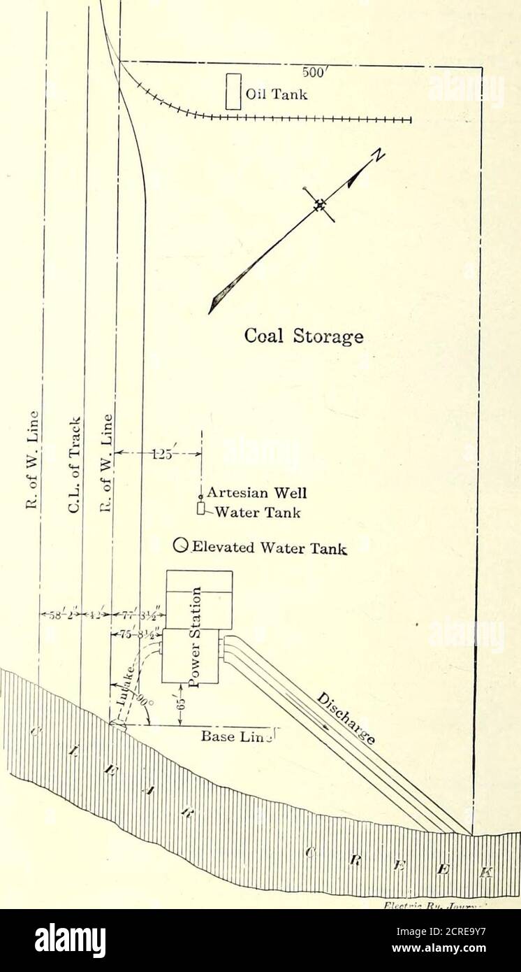 . Electric railway journal . plantmay be considered complete, and this unit may be repeated asmany times as may be necessary. Each boiler is equipped with a superheater capable of raising the steam temperature 125 deg. Fahr. The operatingsteam pressure will be about 185 lb. The stack is to be linedfor about half its height with brick. An open heater underthe stack will handle the turbine condensation and the make-upwater. A water-weighing device will be installed to facilitatechecking the turbine and boiler performances. The condensingequipment is of Alberger manufacture, and consists of twoco Stock Photo