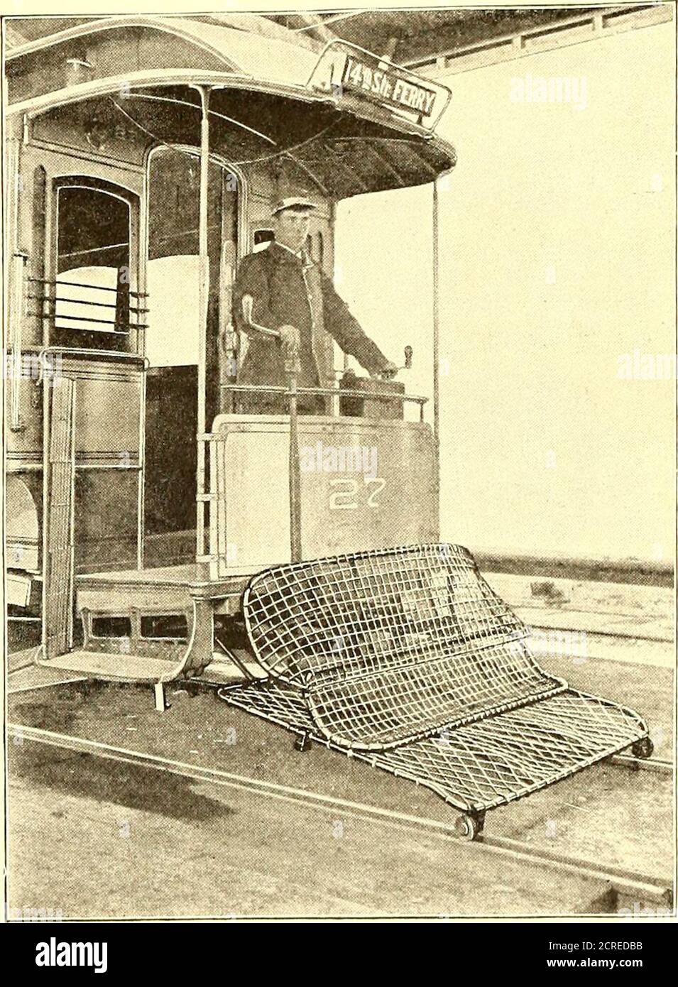 . The Street railway journal . n can be madeto run over the roadbed at a height above the track ofthree inches or less, according to the condition of theroadbed. The fender is attached to the truck of thecar in such a manner that it can be made to run flushwith the dashboard, thereby making it possible to trailcars without any delay or inconvenience. The safetyguard when struck automatically releases a cradle whichinstantaneously drops from beneath the platform of thecar and runs forward on wheels on the crown of the track,three feet in front of the car, and prevents any possibilityof the crus Stock Photo