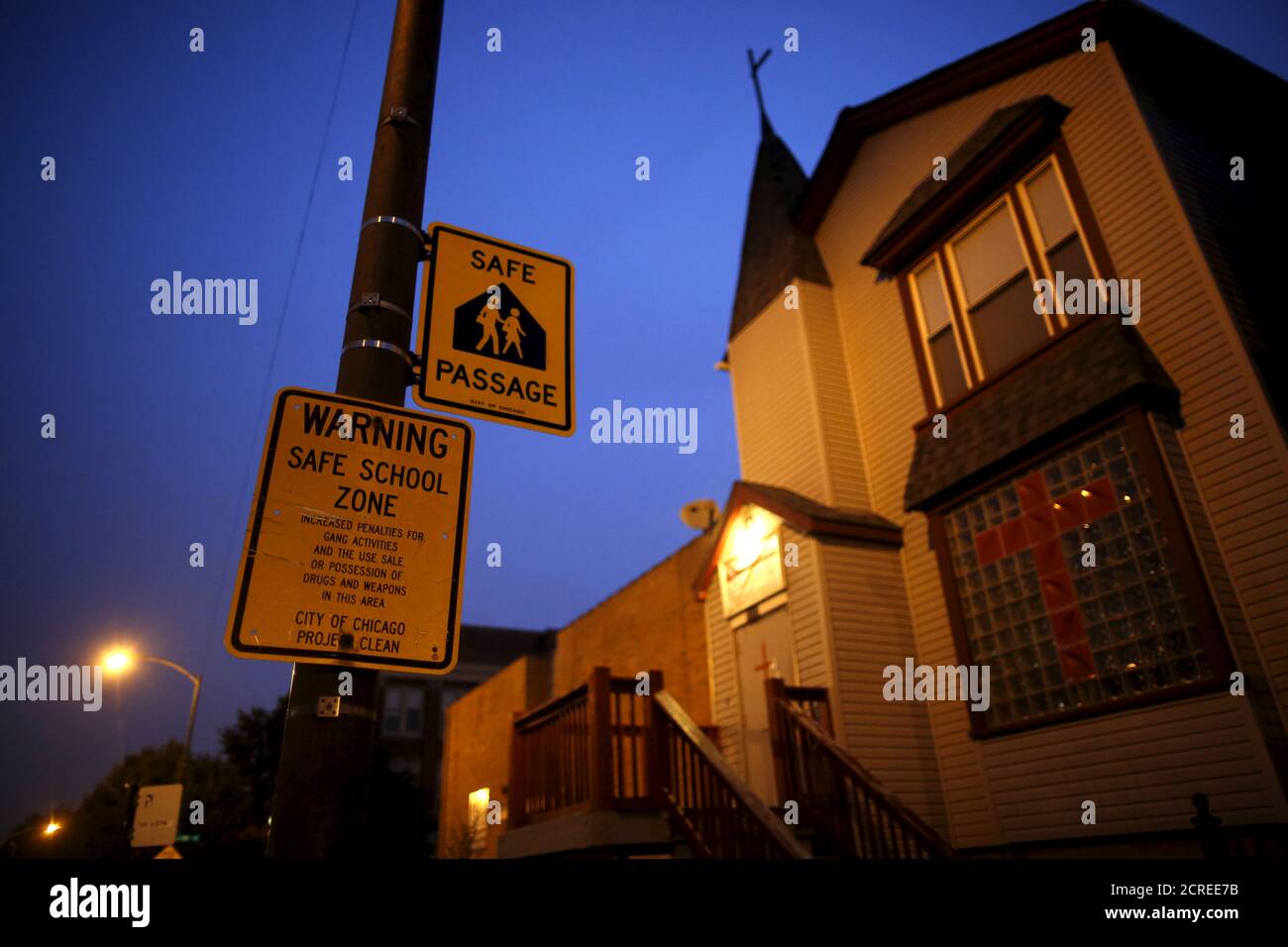 A sign marking the Safe Passage route is seen near the Sherwood Elementary  School in the Englewood neighborhood in Chicago, Illinois, United States,  September 8, 2015. The fourth-largest U.S. public school system