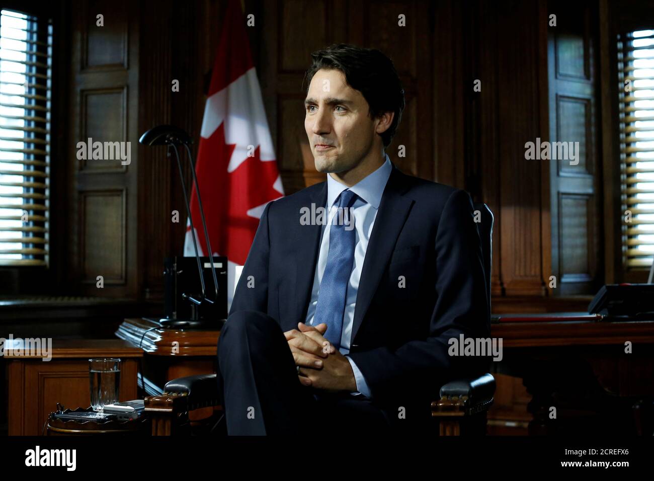Canada's Prime Minister Justin Trudeau takes part in an interview with Reuters in his office on Parliament Hill in Ottawa, Ontario, Canada, May 19, 2016. REUTERS/Chris Wattie Stock Photo