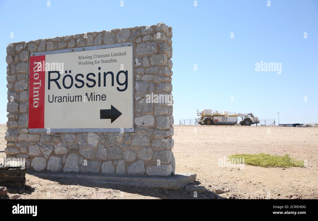 A logo showing an entrance to the Rio Tinto owned Rossing Uranium Mine in the Namib Desert near Arandis, Namibia, February 23, 2017. REUTERS/Siphiwe Sibeko Stock Photo