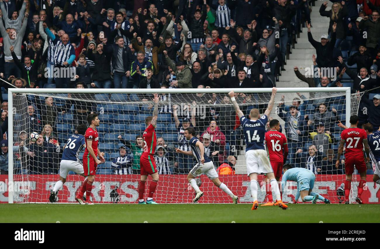 Soccer Football - Premier League - West Bromwich Albion vs Swansea City - The Hawthorns, West Bromwich, Britain - April 7, 2018   West Bromwich Albion's Jay Rodriguez celebrates scoring their first goal              REUTERS/Andrew Yates    EDITORIAL USE ONLY. No use with unauthorized audio, video, data, fixture lists, club/league logos or 'live' services. Online in-match use limited to 75 images, no video emulation. No use in betting, games or single club/league/player publications.  Please contact your account representative for further details. Stock Photo