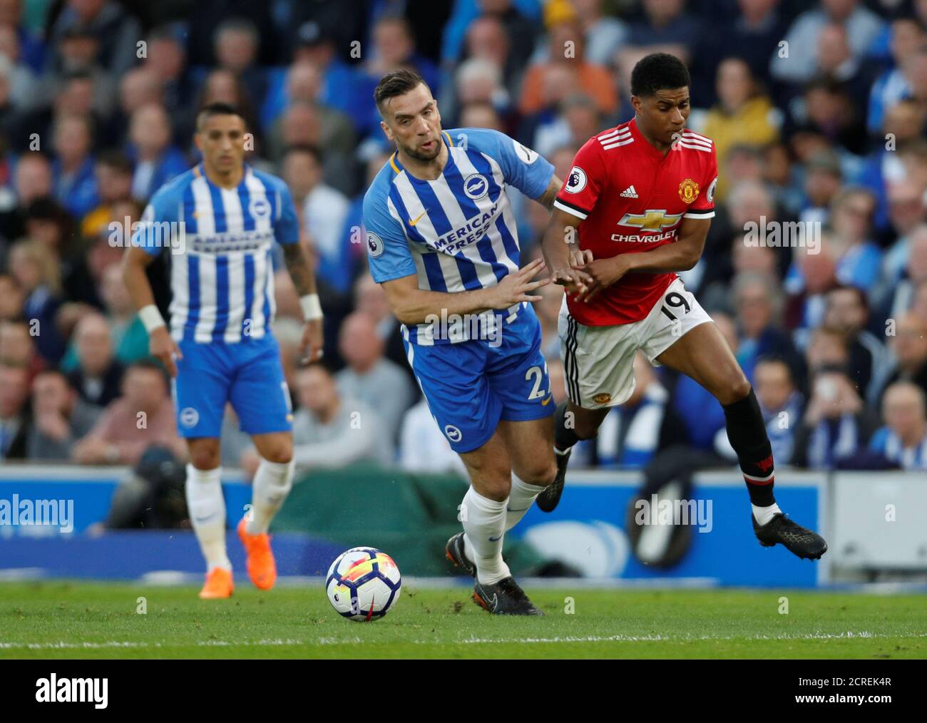 Soccer Football - Premier League - Brighton & Hove Albion v Manchester United - The American Express Community Stadium, Brighton, Britain - May 4, 2018   Manchester United's Marcus Rashford in action with Brighton's Shane Duffy    Action Images via Reuters/Paul Childs    EDITORIAL USE ONLY. No use with unauthorized audio, video, data, fixture lists, club/league logos or 'live' services. Online in-match use limited to 75 images, no video emulation. No use in betting, games or single club/league/player publications.  Please contact your account representative for further details. Stock Photo