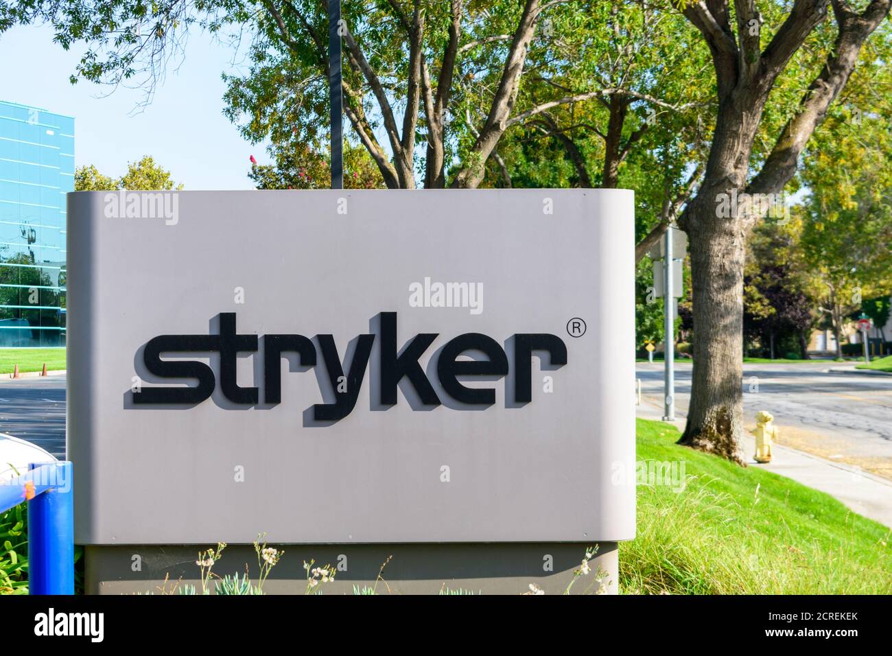 Stryker sign and logo at medical technologies firm Stryker Corporation