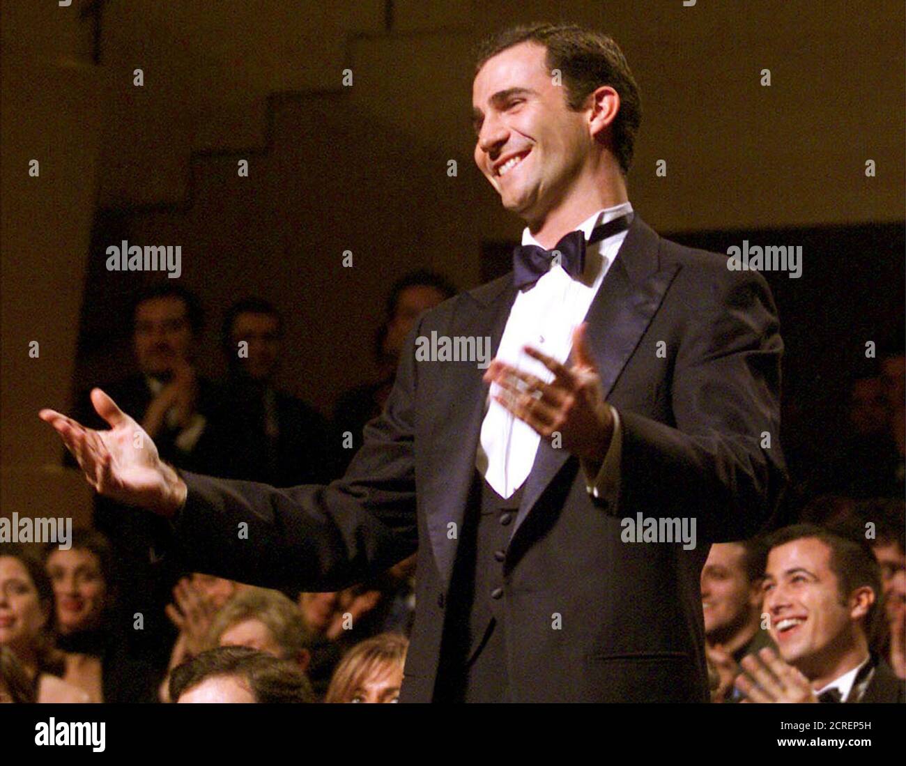 Prince Felipe of Spain shows his gratitude to Spanish director Pedro Almodovar for singing happy birthday on the prince's 32nd birthday during the Spanish Film Academy awards January 30. Almodovar won the prize for best director for 'Todo Sobre Mi Madre' (All About My Mother). The Goyas are the Spanish equivalent to the Oscars.  GN Stock Photo