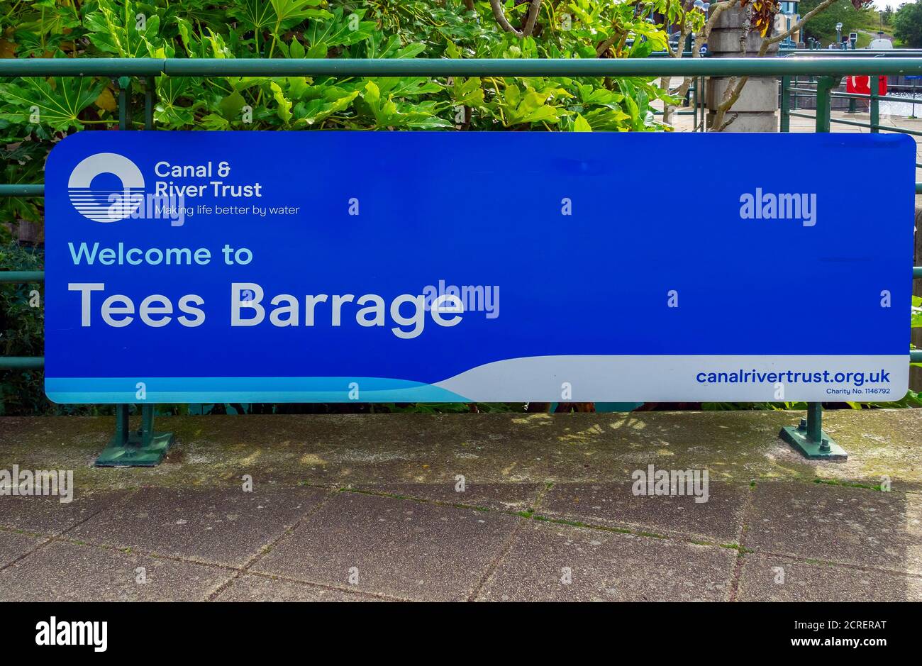 Sign outside the Canal and River Trust offices housed in the Tees Barrage Stock Photo