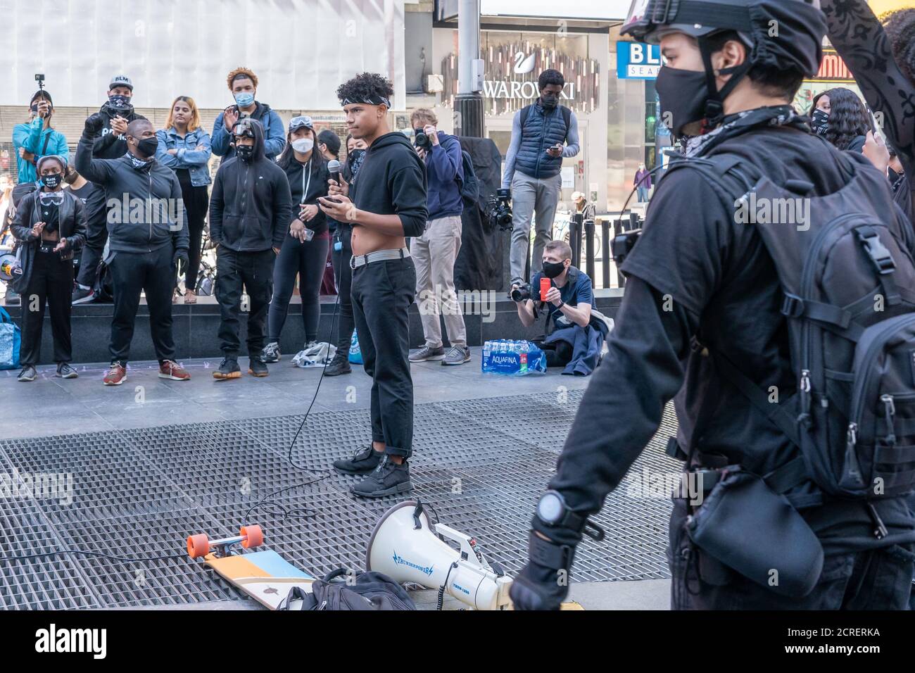 NEW YORK, NY - SEPTEMBER 19, 2020: Police arrest 86 people at a protest against the Immigration and Customs Enforcement agency (ICE) in Times Square. Stock Photo